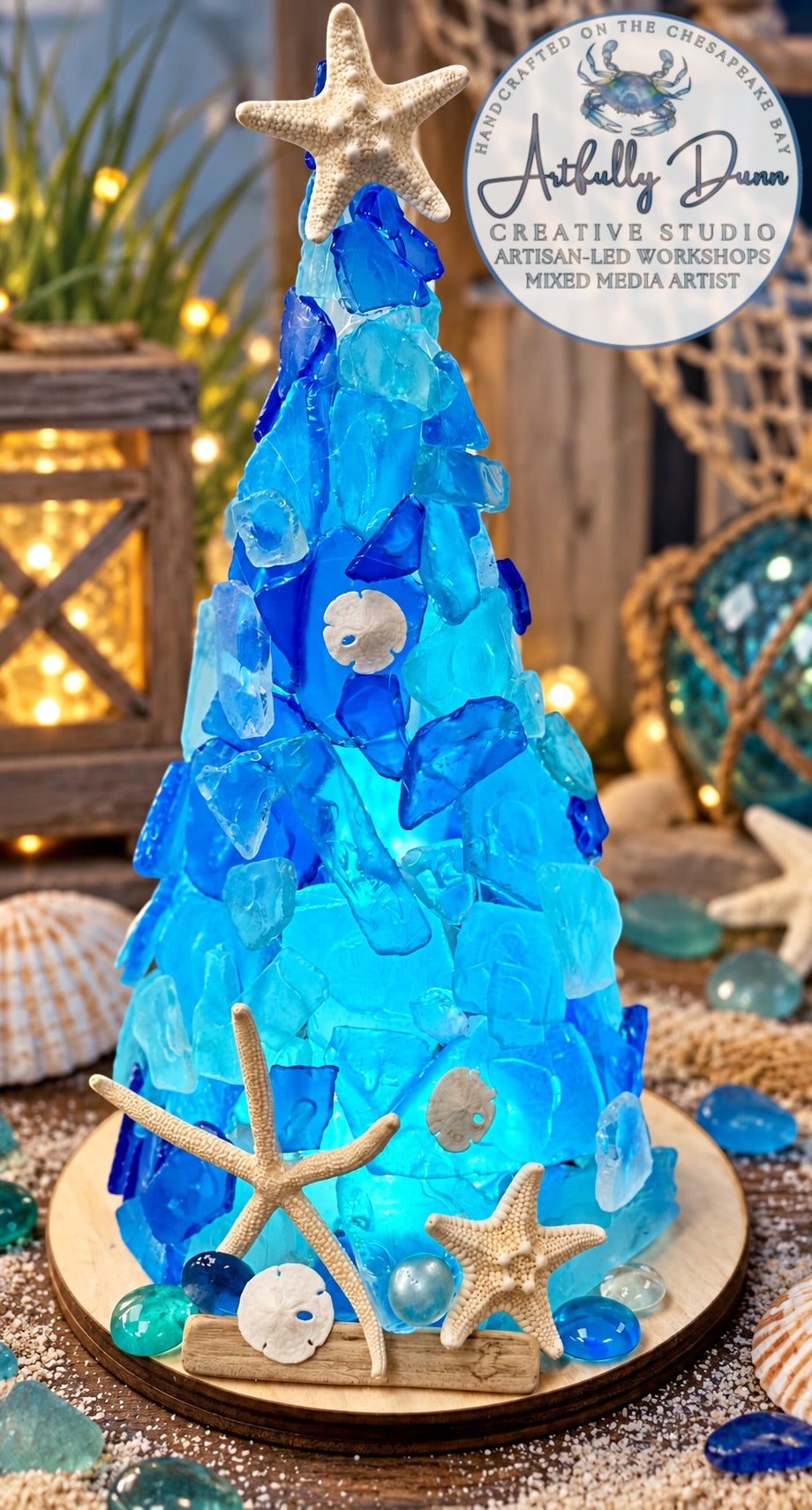 11/11/2026 - 7:00-9:00 PM • 🎄🌊✨ Sea Glass Creations Workshop - Green Tree, Tree, Wreath, Gnome - Included Remote Control Color Changing Puck Light ✨🌊🎄