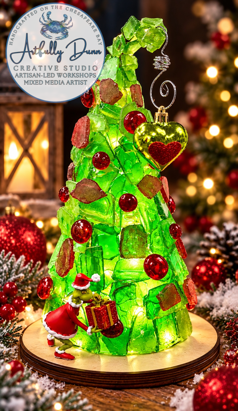 11/11/2026 - 7:00-9:00 PM • 🎄🌊✨ Sea Glass Creations Workshop - Green Tree, Tree, Wreath, Gnome - Included Remote Control Color Changing Puck Light ✨🌊🎄