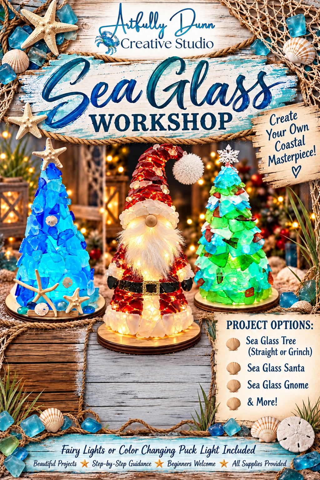 12/20/2026 - 11:00 AM - 1:30 PM • 🎄🌊✨ Sea Glass Creations Workshop - Santa, Green Tree, Tree, Gnome - Included Remote Control Color Changing Puck Light ✨🌊🎄