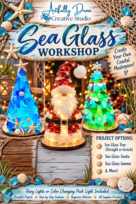 11/11/2026 - 7:00-9:00 PM • 🎄🌊✨ Sea Glass Creations Workshop - Santa, Green Tree, Tree, Gnome - Included Remote Control Color Changing Puck Light ✨🌊🎄