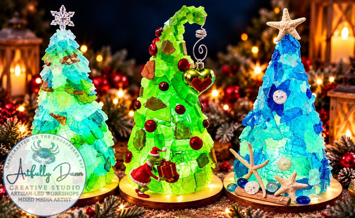 11/11/2026 - 7:00-9:00 PM • 🎄🌊✨ Sea Glass Creations Workshop - Green Tree, Tree, Wreath, Gnome - Included Remote Control Color Changing Puck Light ✨🌊🎄