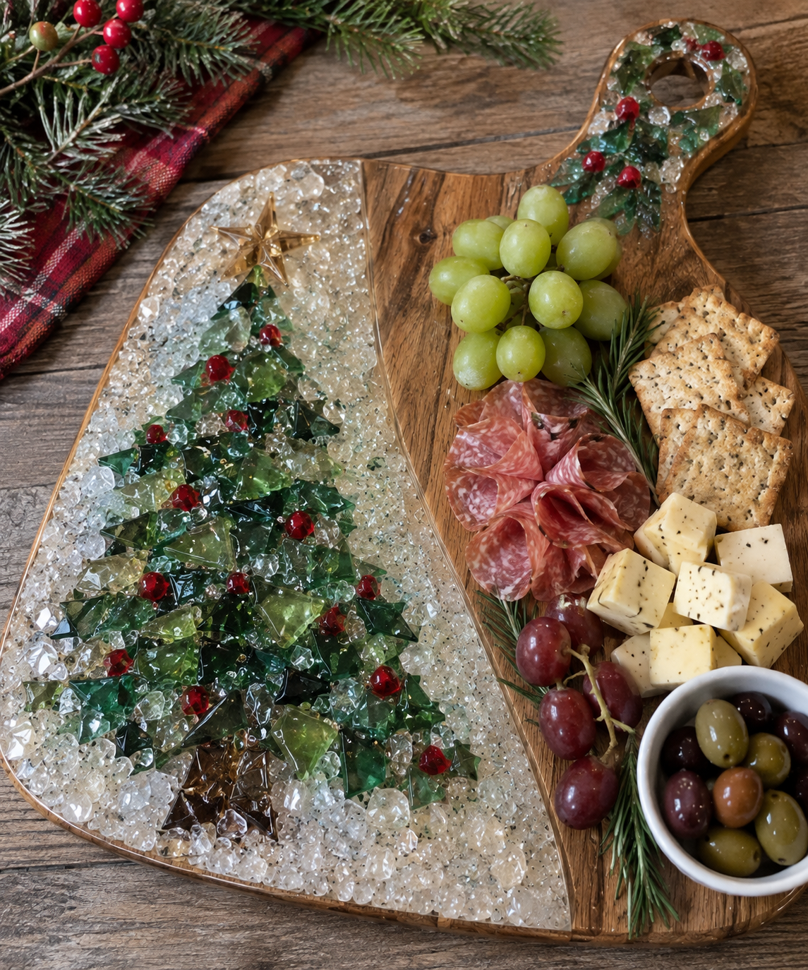 11/12/2026 - 7:00-9:00 PM • 🎄✨ HOLIDAY CHARCUTERIE BOARD — GLASS & RESIN WORKSHOP ✨🎄