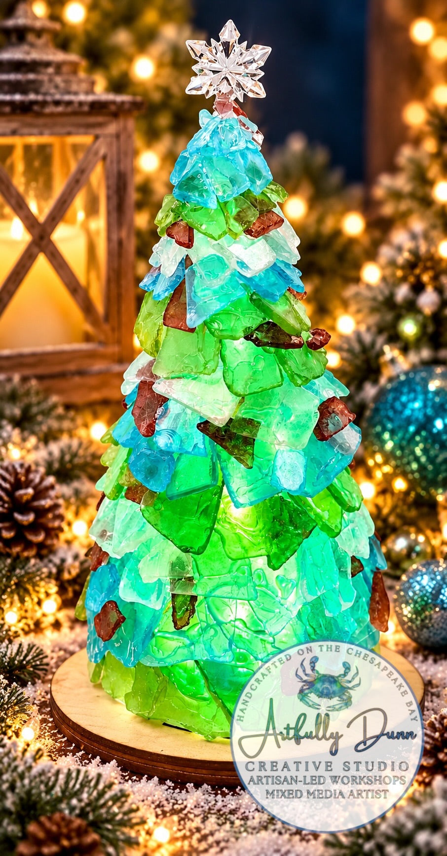 11/11/2026 - 7:00-9:00 PM • 🎄🌊✨ Sea Glass Creations Workshop - Green Tree, Tree, Wreath, Gnome - Included Remote Control Color Changing Puck Light ✨🌊🎄