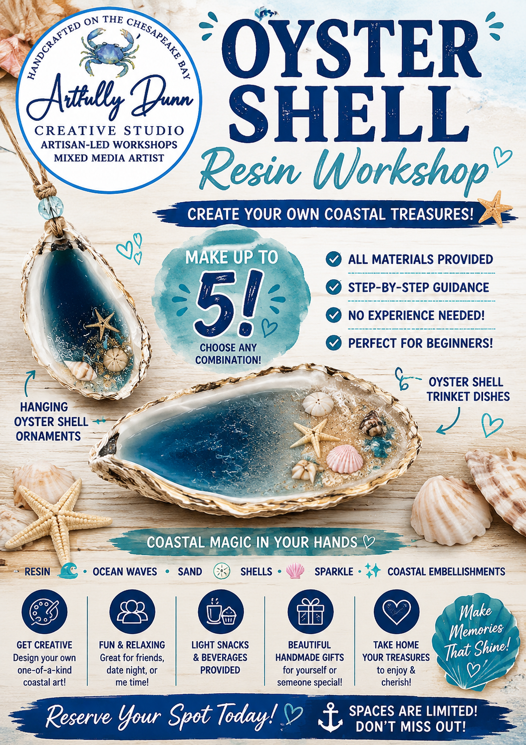 12/9/2026 - 7:00-9:00 PM • 🐚🌊 OYSTER SHELL RESIN WORKSHOP 🌊🐚