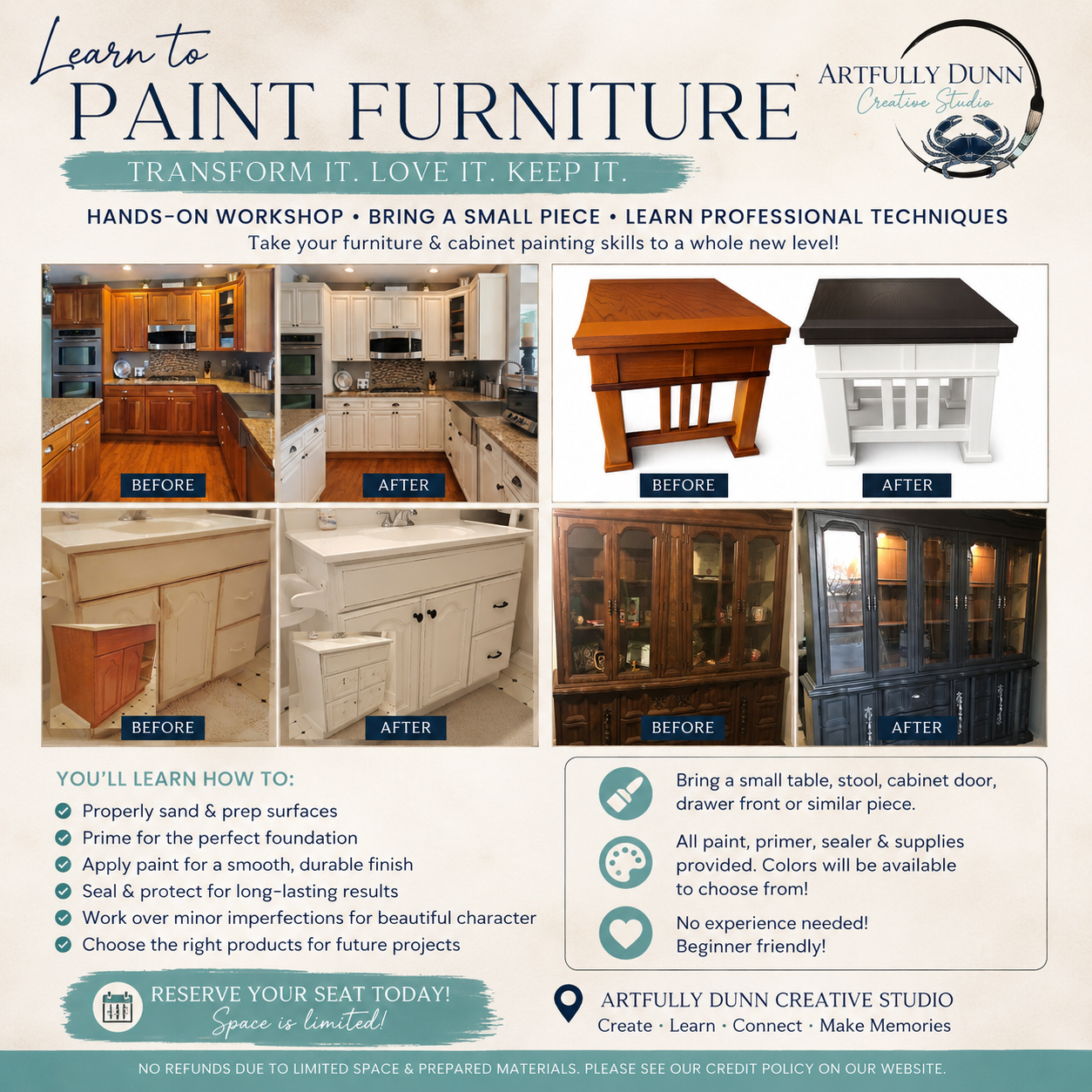 8/30/2026 11:00-2:00 PM • 🎨🪑✨ Furniture Painting Fundamentals Workshop ✨🪑🎨
