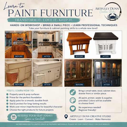 8/15/2026 11:00-2:00 PM • 🎨🪑✨ Furniture Painting Fundamentals Workshop ✨🪑🎨