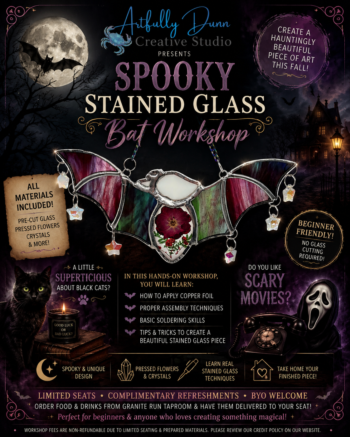 10/17/2026 12:00-2:00 PM • 🦇🍂✨ Spooky Stained Glass Bat Workshop + TWO SURPRISE DESIGNS!✨🍂🦇