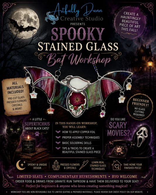 10/17/2026 12:00-2:00 PM • 🦇🍂✨ Spooky Stained Glass Bat Workshop + TWO SURPRISE DESIGNS!✨🍂🦇
