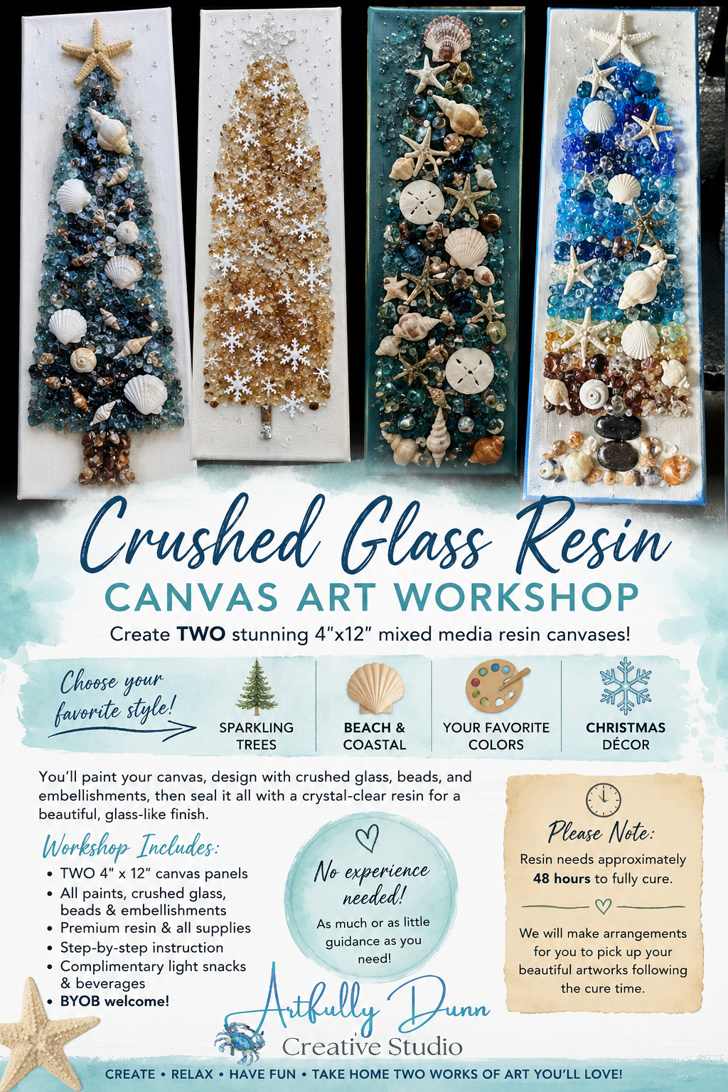 8/7/2026 - 7:00-9:00 PM • ✨🌲 NEW! Crushed Glass Resin Canvas Art Workshop 🏖️🎄