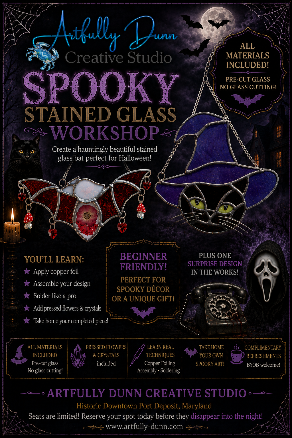 10/17/2026 12:00-2:00 PM • 🦇🍂✨ Spooky Stained Glass Workshop • Bat, Black Cat + ONE MORE SURPRISE DESIGN!✨🍂🦇
