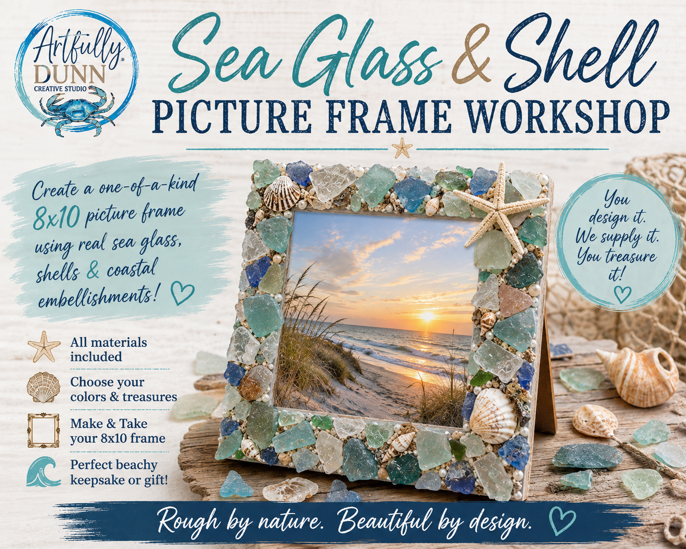 12/4/2026 - 7:00-9:00 PM • 🌊🩵 NEW WORKSHOP! 🐚✨ Sea Glass & Shell Picture Frame Workshop 🖼️🌊