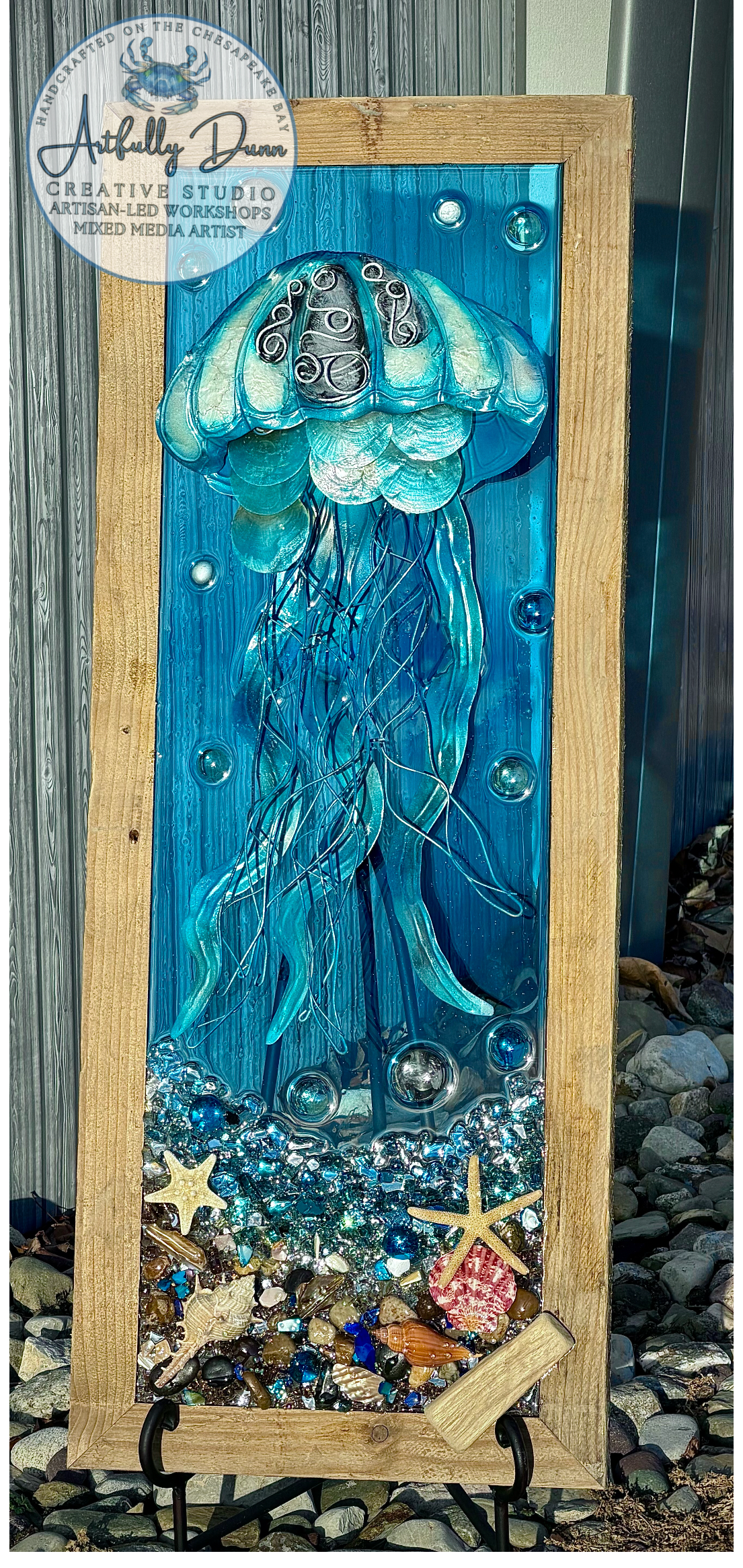 Framed Shattered Glass Resin Home Decor - Jelly Fish - Frame 23.75” X 13.125”