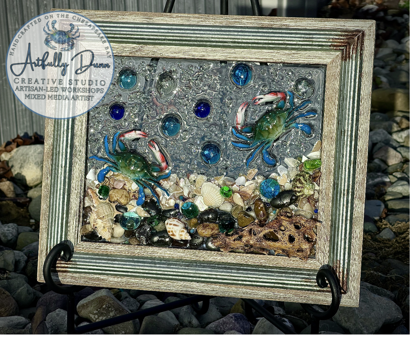 Framed Shattered Glass Resin Home Decor - Blue Crabs - 8x10