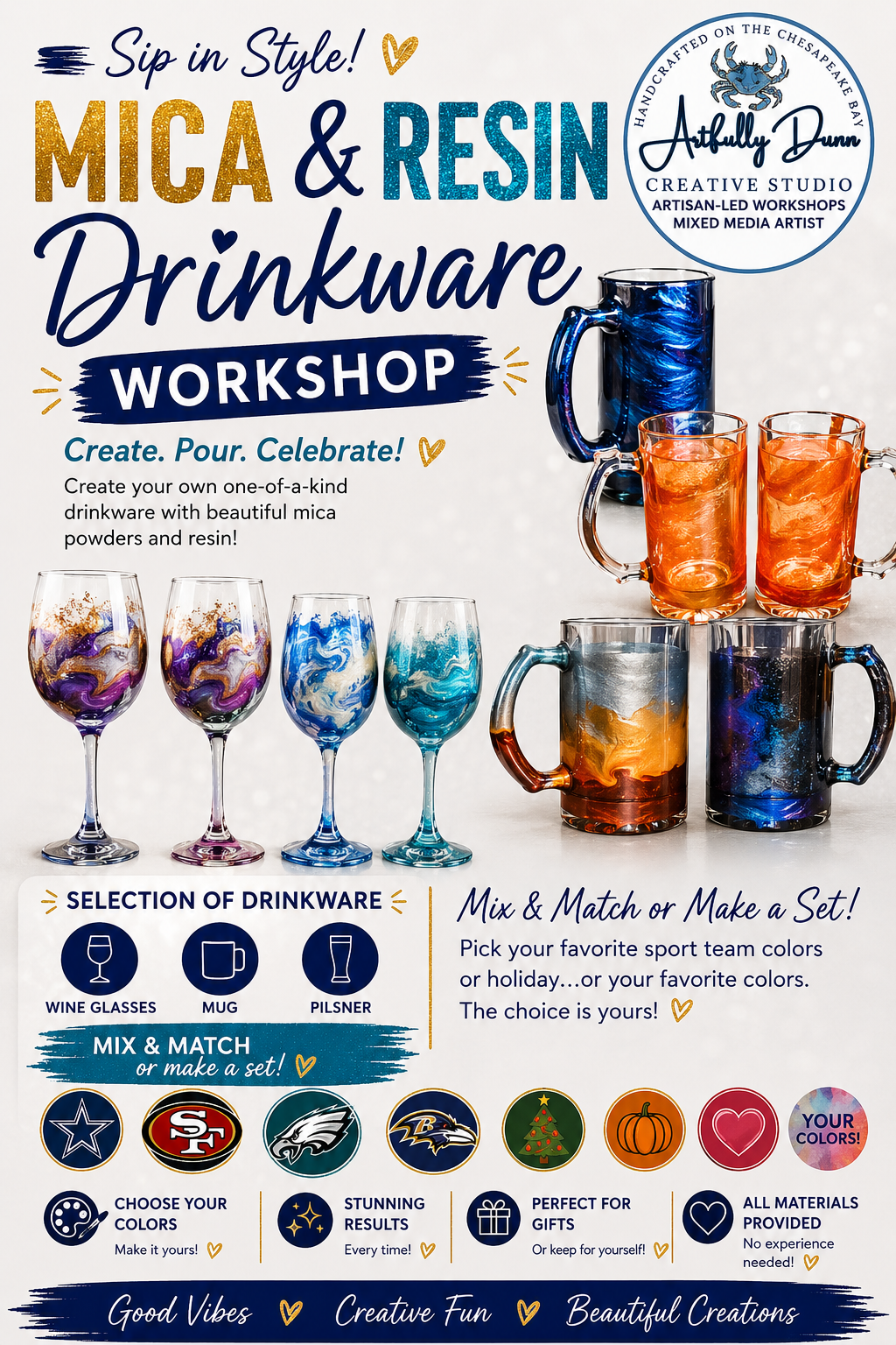 10/28/2026 - 7:00-9:00 PM • 🏈🍷🍺✨🥂 MICA & RESIN DRINKWARE WORKSHOP 🥂✨🍺🍷🏈