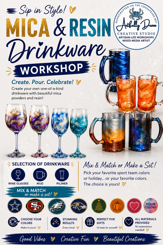 10/28/2026 - 7:00-9:00 PM • 🏈🍷🍺✨🥂 MICA & RESIN DRINKWARE WORKSHOP 🥂✨🍺🍷🏈