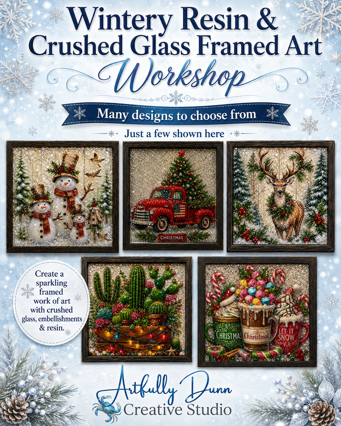 11/29/2026 - 1:00-3:00 PM • ❄️✨ WINTERY RESIN & CRUSHED GLASS FRAMED ART WORKSHOP ✨❄️