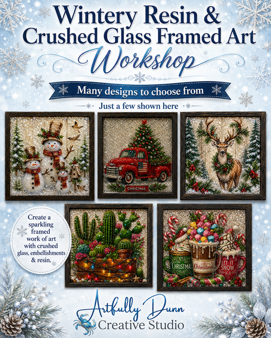 11/29/2026 - 1:00-3:00 PM • ❄️✨ WINTERY RESIN & CRUSHED GLASS FRAMED ART WORKSHOP ✨❄️