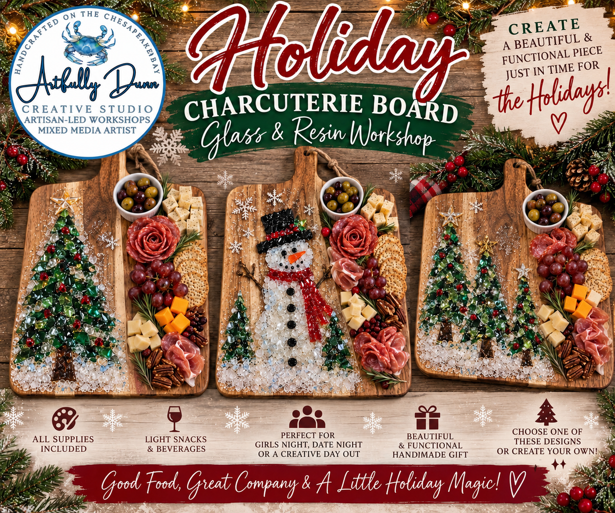 11/12/2026 - 7:00-9:00 PM • 🎄✨ HOLIDAY CHARCUTERIE BOARD — GLASS & RESIN WORKSHOP ✨🎄