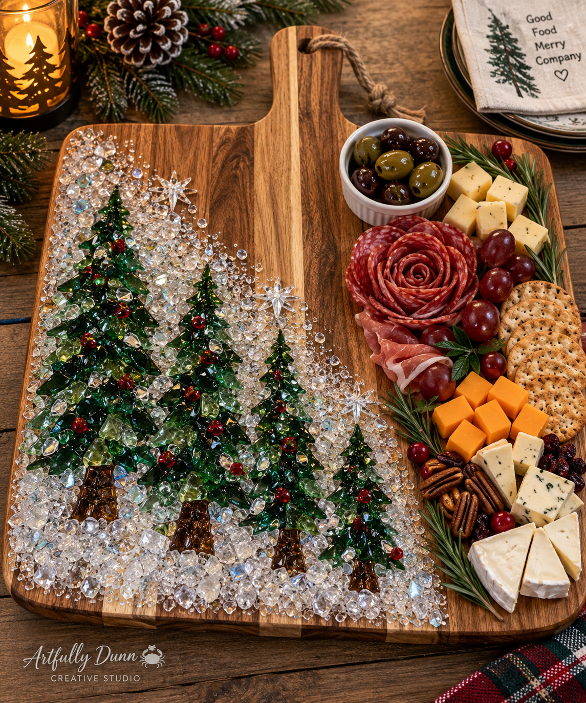 11/12/2026 - 7:00-9:00 PM • 🎄✨ HOLIDAY CHARCUTERIE BOARD — GLASS & RESIN WORKSHOP ✨🎄