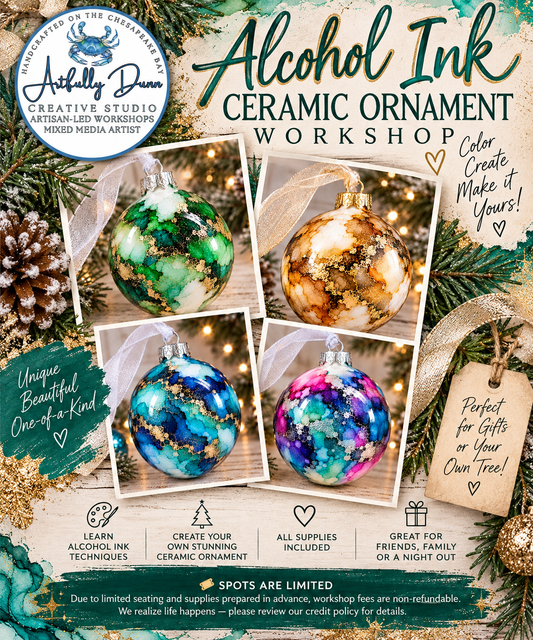 11/20/2026 - 7:00-9:00 PM • 🎄✨ ALCOHOL INK CERAMIC CHRISTMAS ORNAMENT WORKSHOP ✨🎄