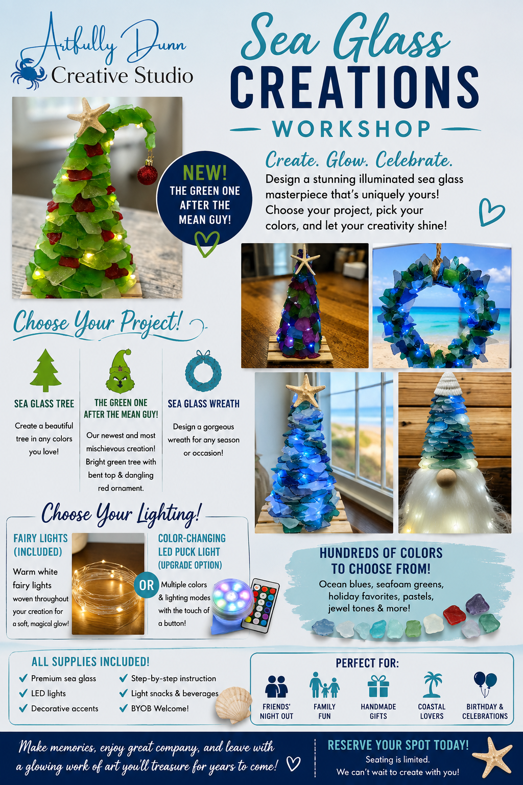 9/22/2026 - 7:00-9:00 PM • 🎄🌊✨ Sea Glass Creations Workshop - Green Tree, Tree, Wreath, Gnome ✨🌊🎄