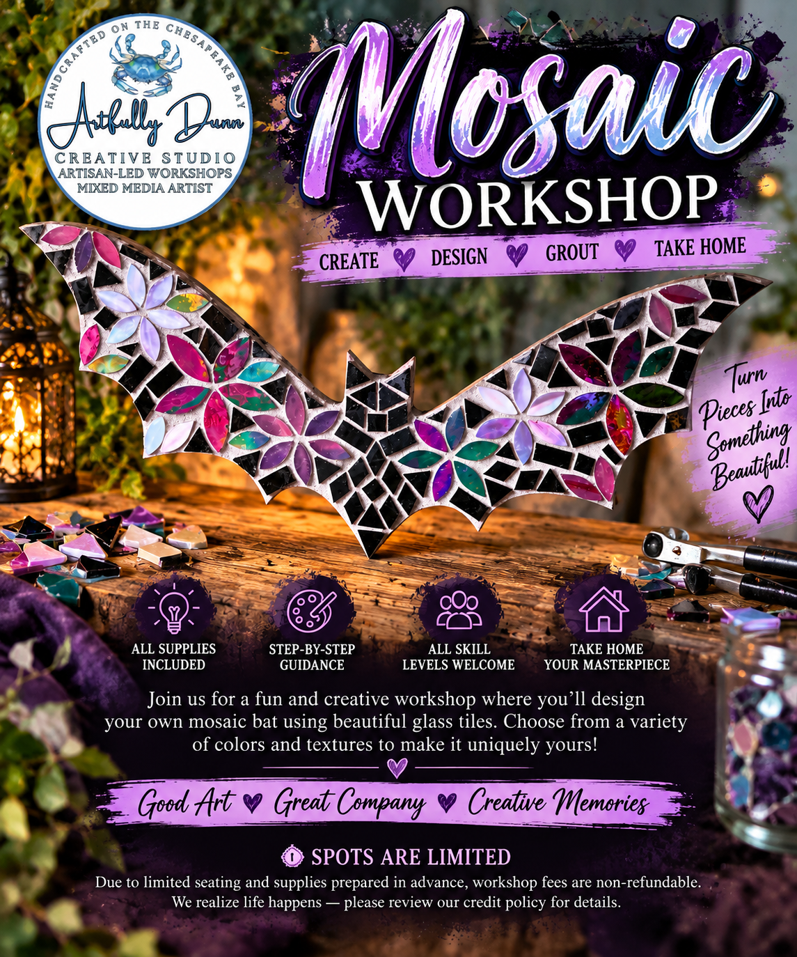 10/5/2026 - 7:00-9:00 • 🦇✨ MOSAIC BAT WORKSHOP ✨🦇