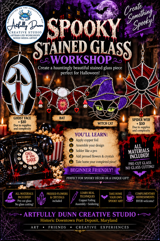 10/17/2026 12:00-2:00 PM • 🕷️🕸️🔪🦇🍂✨ Spooky Stained Glass Workshop • Bat, Black Cat + Scream Ghost Face (+$10.00) or Spider & Web (+$10.00) ✨🍂🦇🕷️🕸️🔪