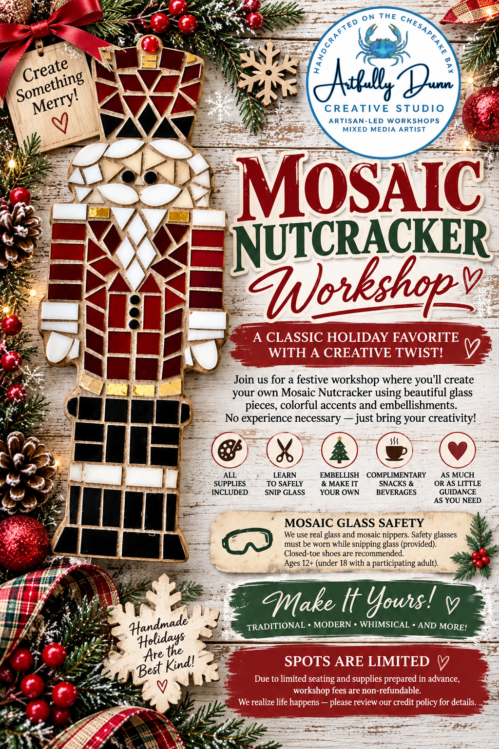 11/10/2026 - 7:00-9:00 PM • 🎄✨ MOSAIC NUTCRACKER WORKSHOP ✨🎄