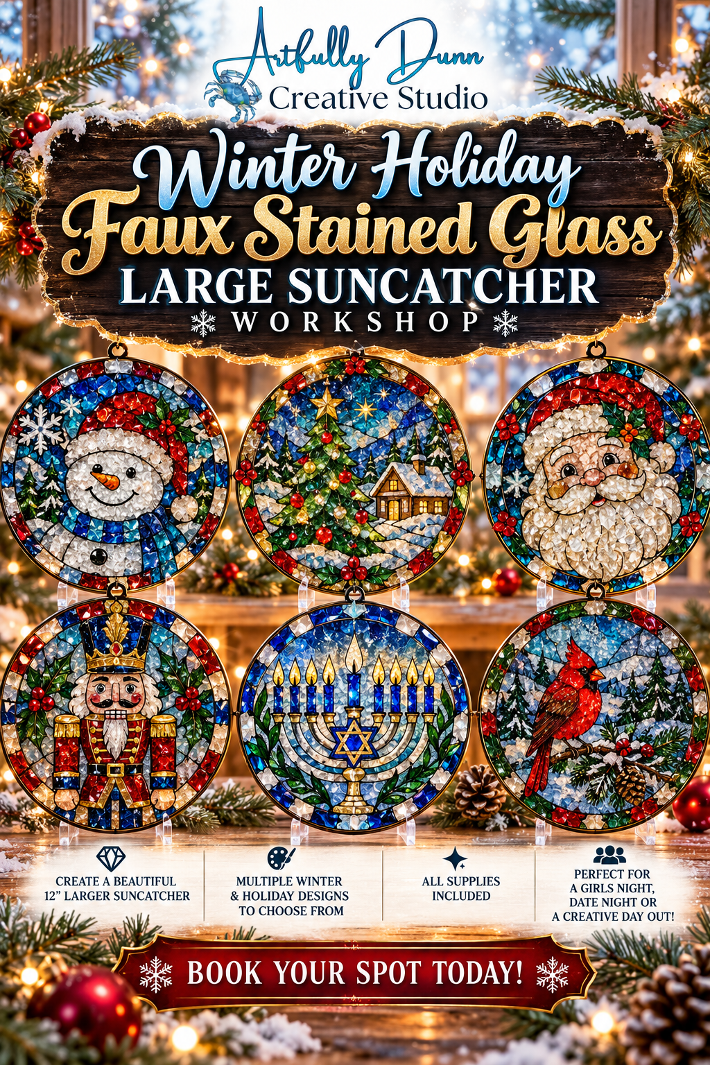 12/1/2026 - 7:00-9:00 PM • ❄️✨ WINTER HOLIDAY FAUX STAINED GLASS LARGE SUNCATCHER WORKSHOP ✨❄️