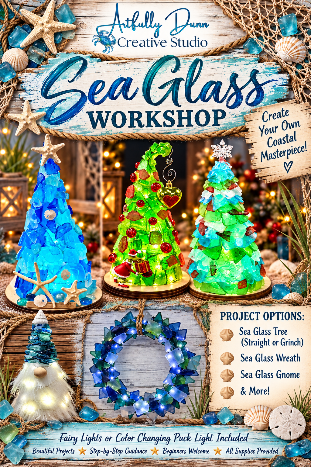 11/11/2026 - 7:00-9:00 PM • 🎄🌊✨ Sea Glass Creations Workshop - Green Tree, Tree, Wreath, Gnome - Included Remote Control Color Changing Puck Light ✨🌊🎄