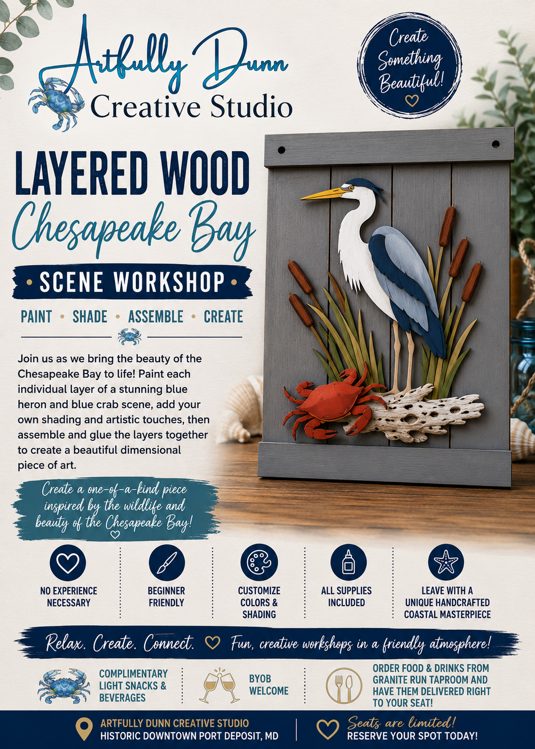 7/16/2026 • 7:00-9:00 PM - Blue Heron & Crab Layered Wood Dimensional Art Workshop