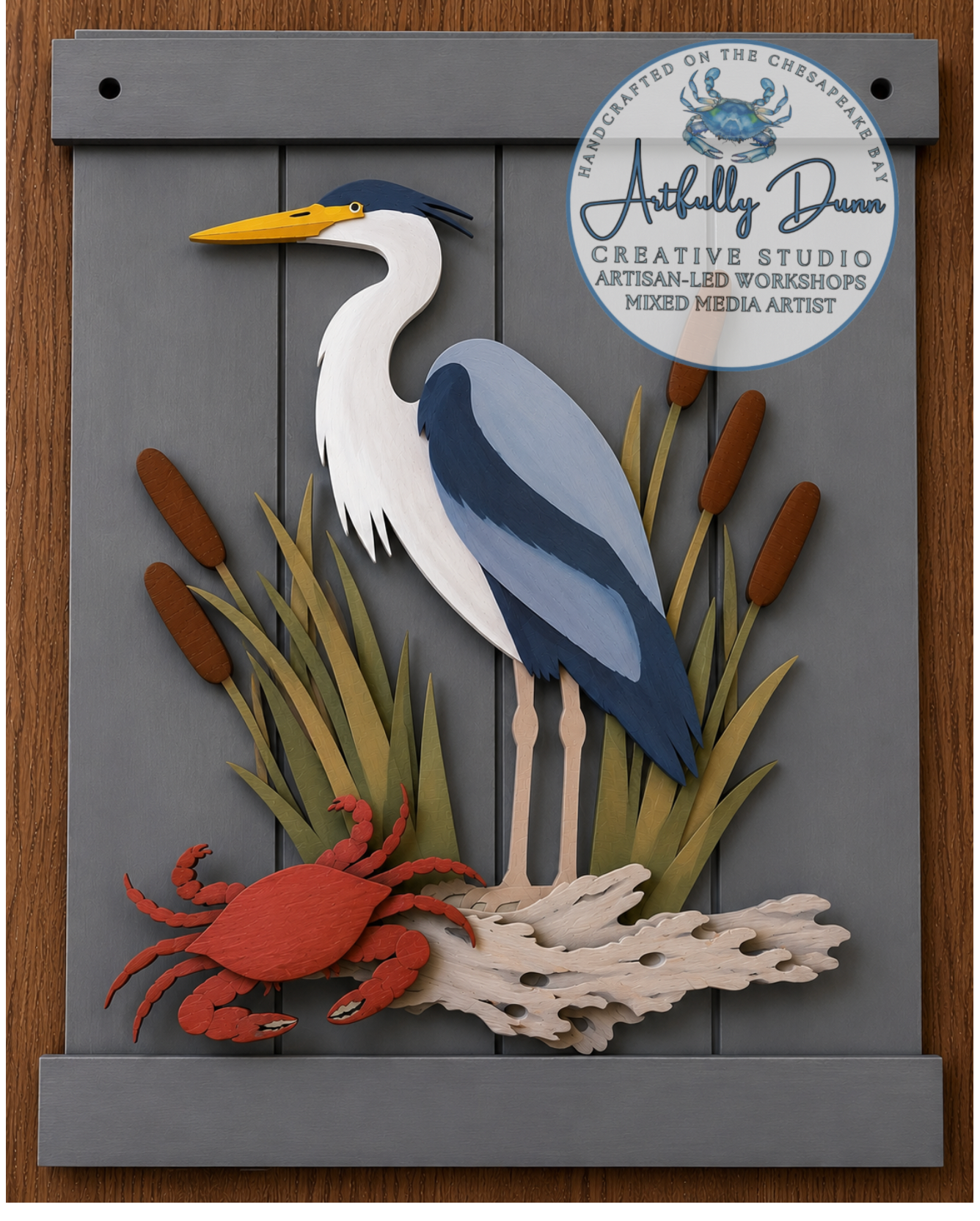 7/16/2026 • 7:00-9:00 PM - Blue Heron & Crab Layered Wood Dimensional Art Workshop