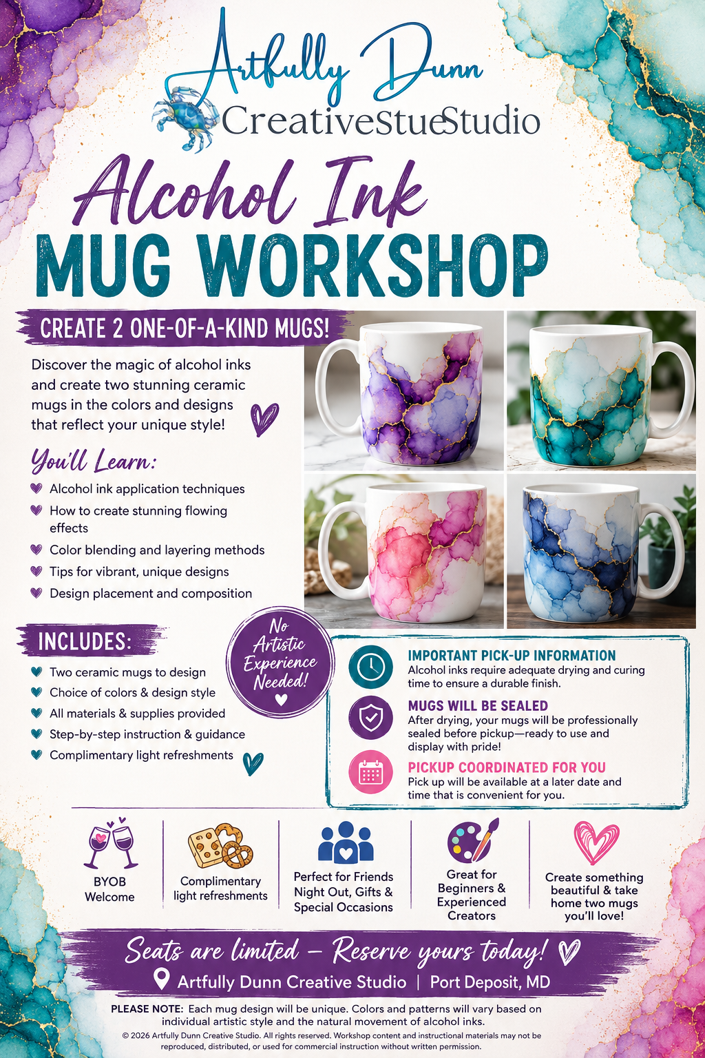 8/12/2026 • 7:00-9:00 PM - 🎨☕ Alcohol Ink Mug Workshop – Create 2 One-of-a-Kind Mugs! ☕🎨